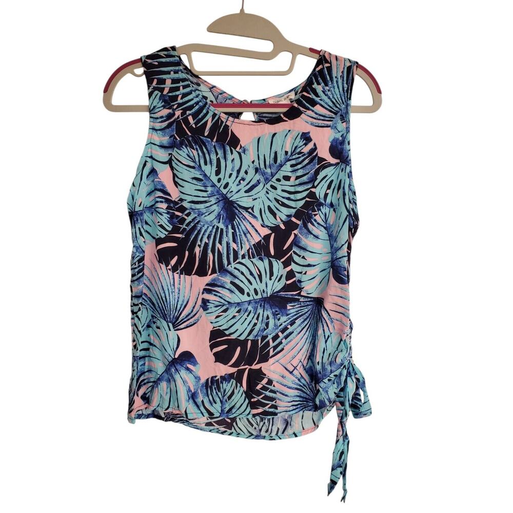 Women's Tribal Jeans Blue & Pink Tropical Jungle Floral Side Tie Tank | Size PS